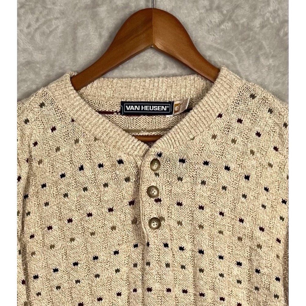 Vintage Mens Grandpa Sweater Van Heusen Henley XL Birds Eye Squares Dots 90s USA - Picture 2 of 10